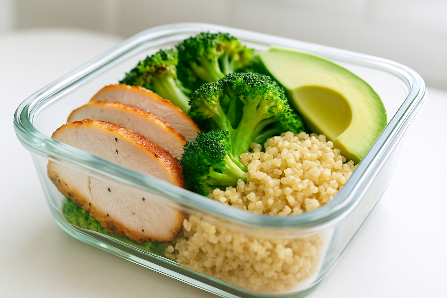 A glass meal prep container filled with a high-protein lunch: sliced pan-seared turkey breast, roasted broccoli, quinoa, and avocado slice. Bright modern kitchen background, clean photography, macro aesthetic, healthy lifestyle focus, shallow depth of field --no processed sauce, junk food