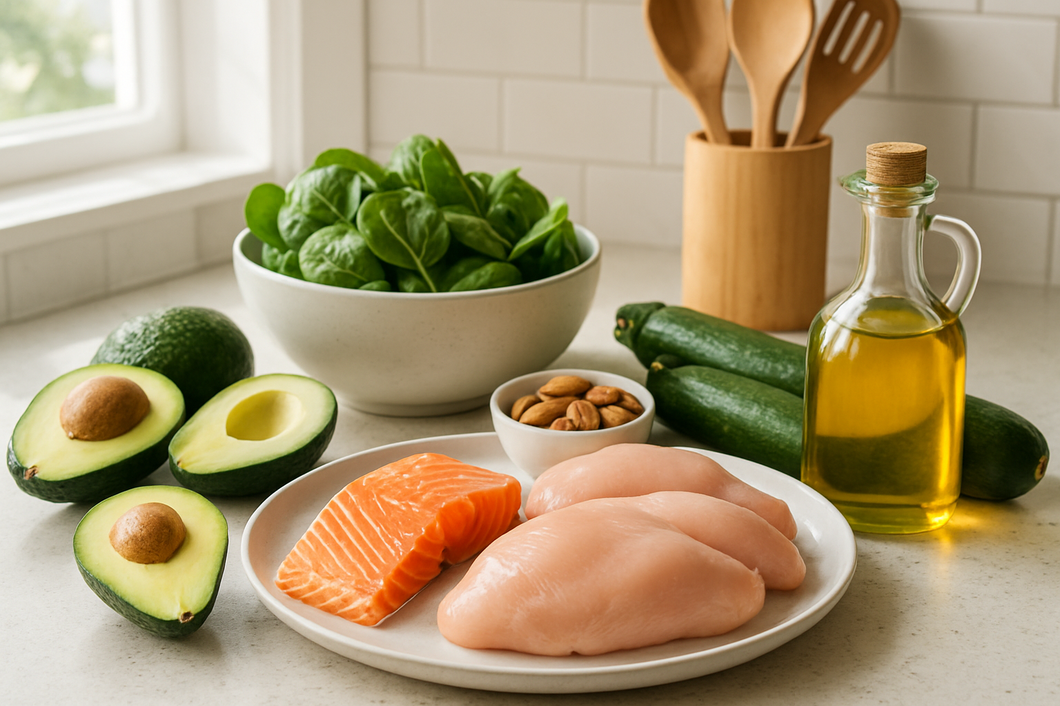 Fresh keto diet grocery staples including sliced avocado, eggs, salmon fillet, olive oil, and leafy greens.
