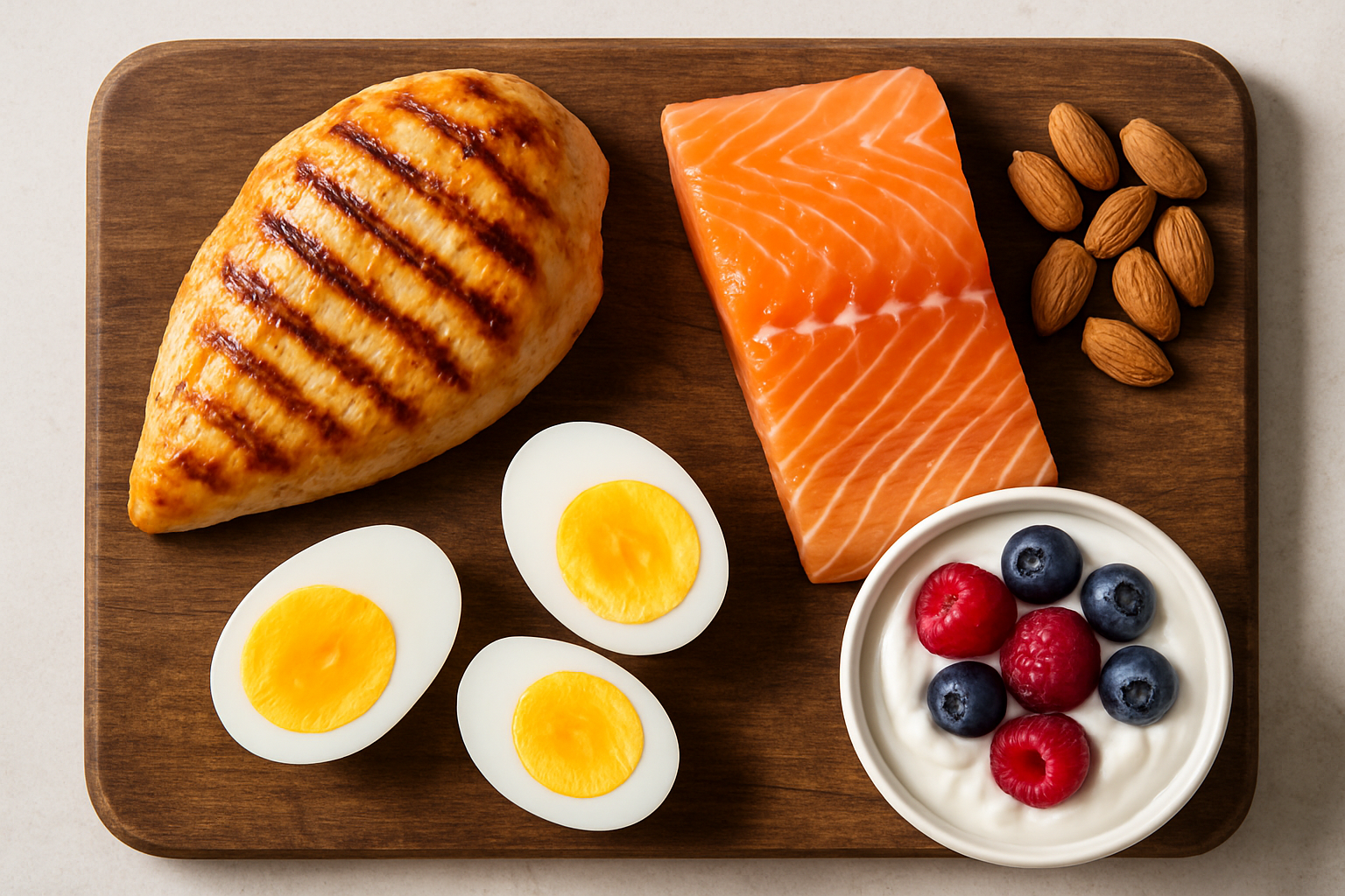 Clean flat-lay photography of high-protein healthy food staples for weight loss: grilled chicken breast, fresh salmon, boiled eggs, Greek yogurt, and almonds on a wooden board. Natural lighting, editorial food magazine style, bright colors, top-down perspective, high detail --no fried food, junk food, sugar