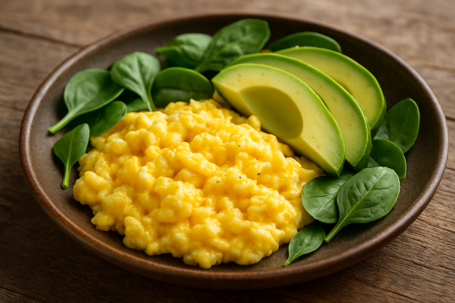 Low-carb keto meal featuring scrambled eggs, sliced avocado, and sautéed spinach served on a plate.