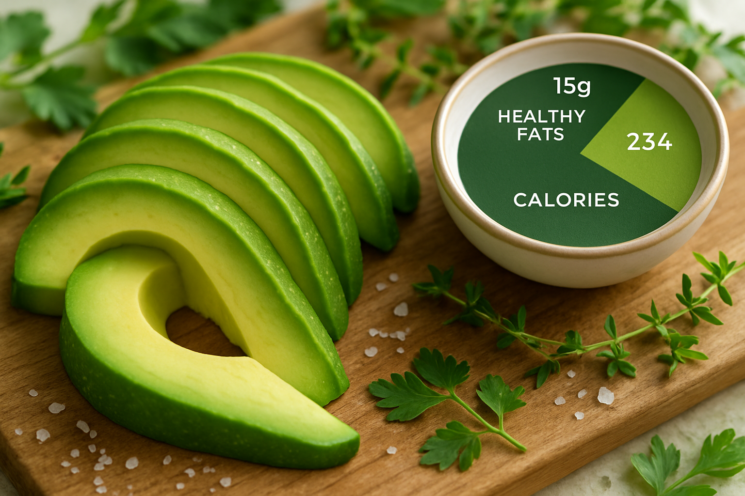 Fresh sliced avocado with healthy fats and nutrient breakdown for a weight loss diet.