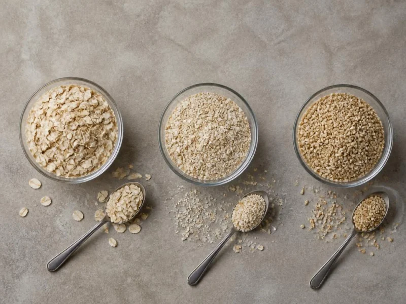 Rolled, quick, and steel-cut oats side by side